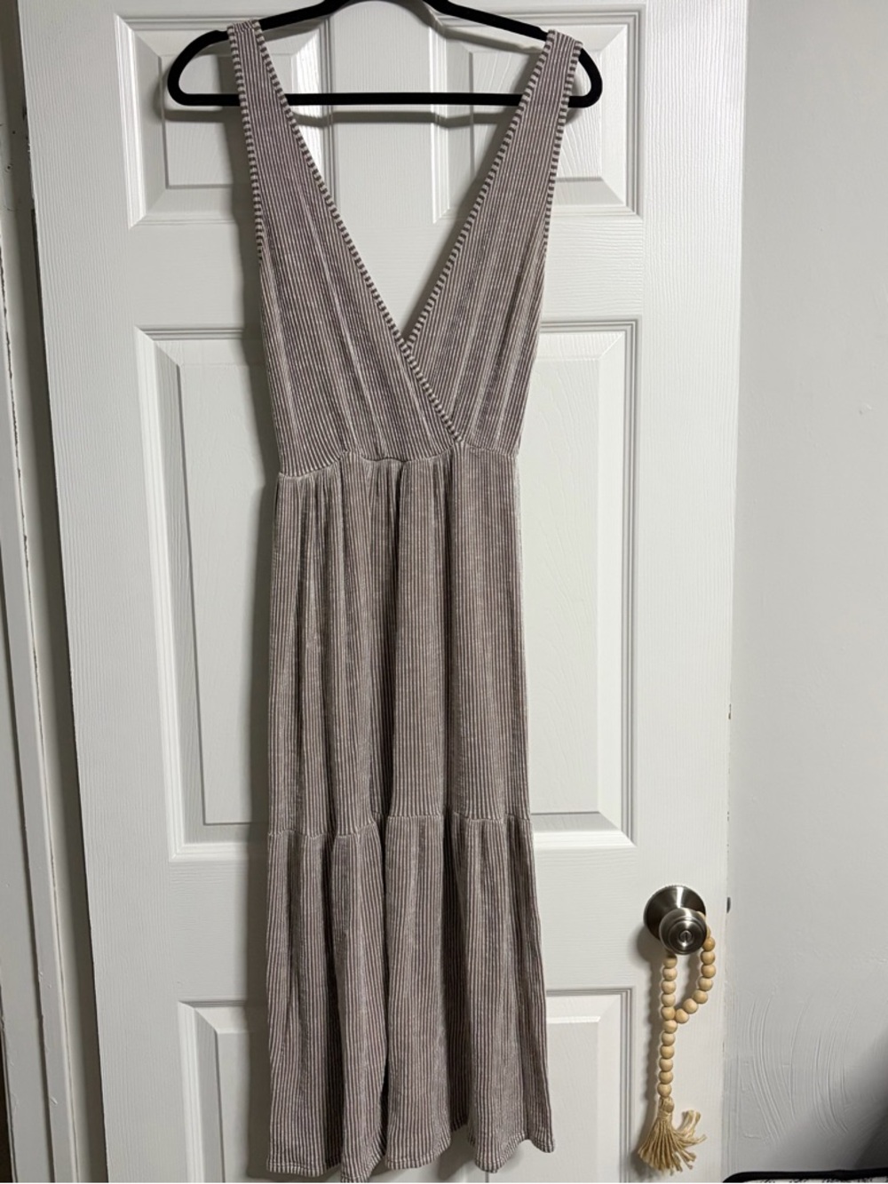 Caution To The Wind Ribbed Taupe V-Neck Maxi Dress